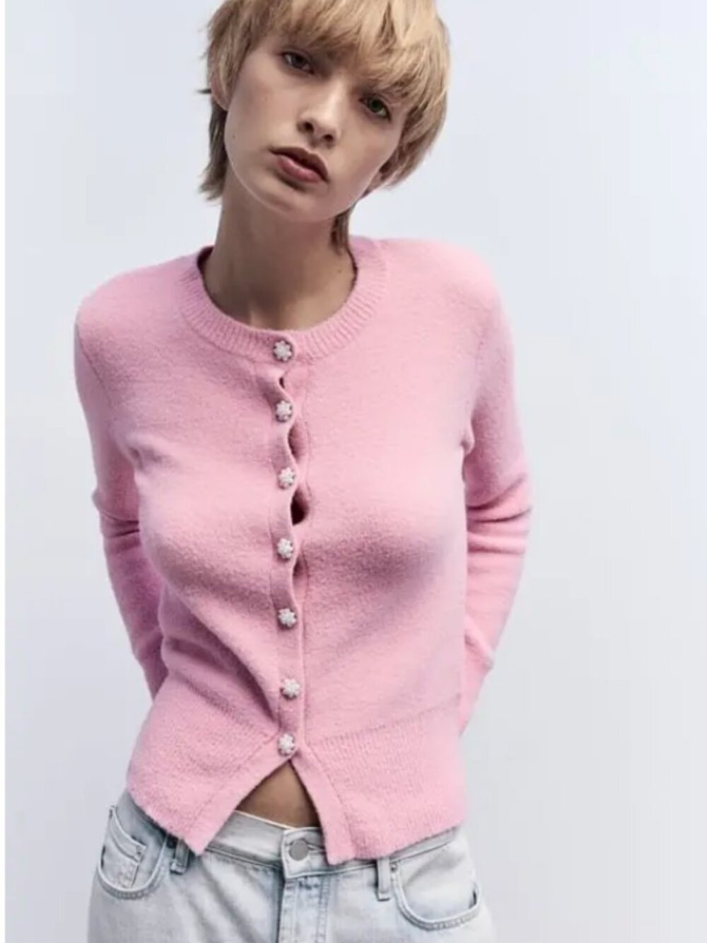 Zara Pink Knit Cardigan with Flower Pearl Buttons - Super Soft & Cozy Cardi